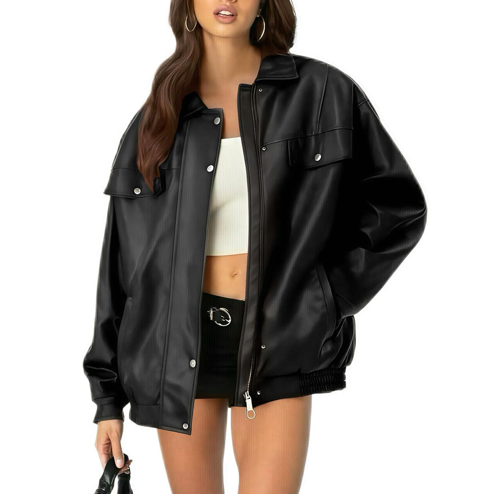 Women's Leather Jacket Loose Long Sleeve Lapel Motorcycle Jacket